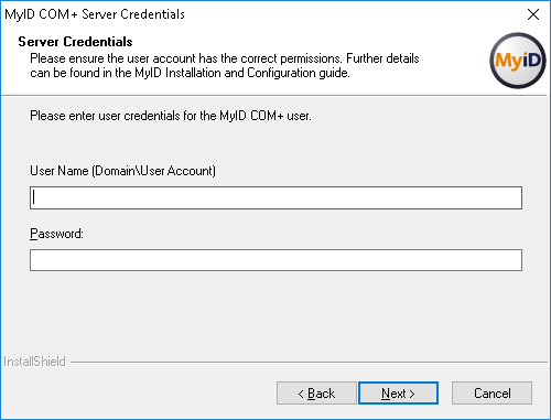 Installation provide MyID COM+ user details screen